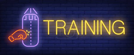 Illustration for Training neon text with boxing glove and punching bag. Boxing club and advertisement design. Night bright neon sign, colorful billboard, light banner. Vector illustration in neon style. - Royalty Free Image