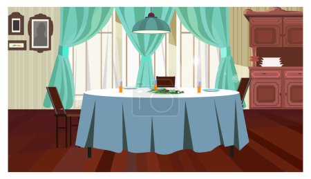 Illustration for Cozy dining room with table vector illustration. Served table with blue cloth and hanging lamp above it. Home concept - Royalty Free Image