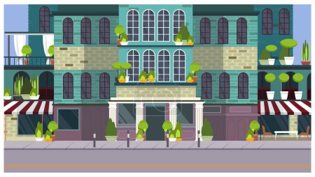 Illustration for Empty city street with beautiful building and plants vector illustration. Summer day. Hotel, tourism and architecture concept. For websites, wallpapers, posters or banners. - Royalty Free Image