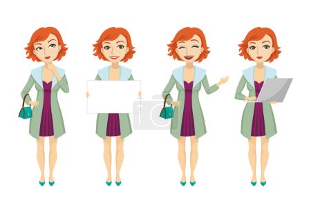 Fashionable redhead woman in purple dress character set with different poses, emotions, gestures. Part of banner, bag, laptop. Can be used for topics like businesswoman, confidence, entrepreneur