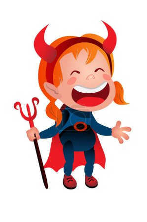 Illustration for Girl in devil costume laughing line icon. Kid, demon, satan. Halloween concept. Vector illustration can be used for topics like holiday, masquerade, party, fantasy - Royalty Free Image