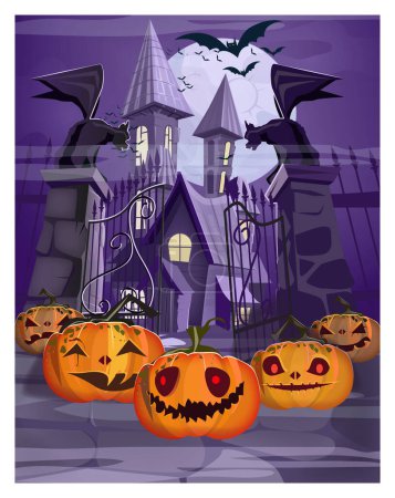 Ilustración de Casa embrujada con ilustración vectorial de puerta y calabazas. Fondo púrpura noche de Halloween. Concepto de vacaciones. Para sitios web, fondos de pantalla, banners o carteles - Imagen libre de derechos
