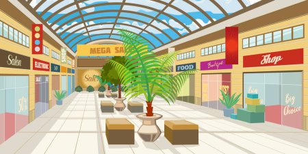 Illustration for Shopping mall corridor with panoramic roof. Modern boutiques in mall with plants and benches. Shopping center concept. Vector illustration can be used for topics like consumerism, retail, precinct - Royalty Free Image