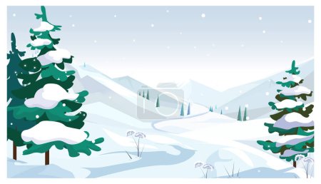 Winter fields with falling snow vector illustration. Pine trees with snow on twigs. Season concept