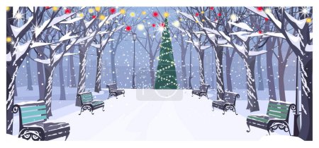 Illustration for Walkway in winter city park with benches and decorated fir-tree vector illustration. Cityscape, recreation area. Christmas Eve concept. For websites, wallpapers, posters or banners. - Royalty Free Image