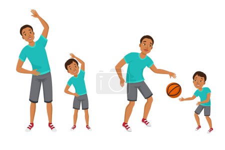 Illustration for Young man and boy in sport clothes enjoying body training. Father and son playing basketball, morning exercises. Vector illustration can be used for family, keeping fit, healthy lifestyle - Royalty Free Image