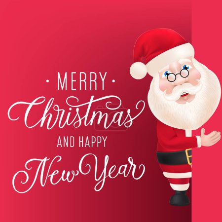 Téléchargez les illustrations : Conception de flyer de Noël et Nouvel An. Caricature du Père Noël regardant le panneau rouge. Modèle peut être utilisé pour les bannières, affiches, cartes de voeux - en licence libre de droit