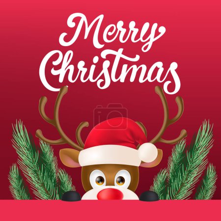 Christmas flyer design. Cute cartoon reindeer peering out red signboard. Fir tree branches in red background. Template can be used for banners, posters, greeting cards