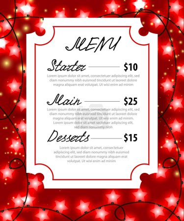Illustration for Christmas Menu card with retro lamps. Menu card on red background with festive retro lamps. Can be used for cafe menu, catering - Royalty Free Image