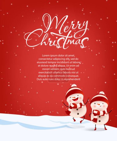 Illustration for Merry Christmas lettering with sample text and snowmen. Christmas greeting card. Handwritten text, calligraphy. For leaflets, brochures, invitations, posters or banners. - Royalty Free Image