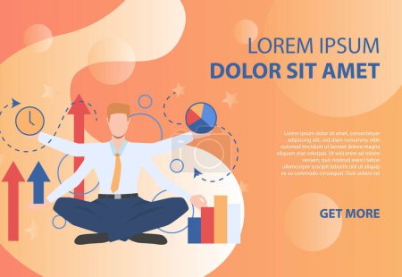 Illustration for Businessman character with four hands on orange background. Result, progress, time. Can be used for topics like multitasking, planning, presentation - Royalty Free Image