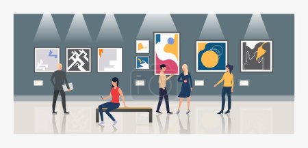 Illustration for Tourists looking at paintings in art gallery vector illustration. Modern art, museum, exposition. Artworks concept. Design for website templates, posters, banners - Royalty Free Image