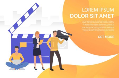 Illustration for People making news and man watching footage vector illustration. Online news, tv studio, videotaping. Broadcasting concept. Creative design for presentations, templates, banners - Royalty Free Image