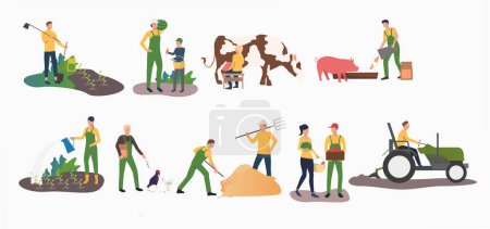 Illustration for Set of time farming activities. People gardening, ranching cattle, harvesting. Farming concept. Vector illustration can be used for topics like agriculture, horticulture, cultivation - Royalty Free Image