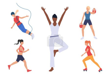 Illustration for Set of women with active hobbies. Girls doing yoga, running, roller skating, bungee jumping. Sport concept. Vector illustration can be used for topics like keeping fit or active lifestyle - Royalty Free Image