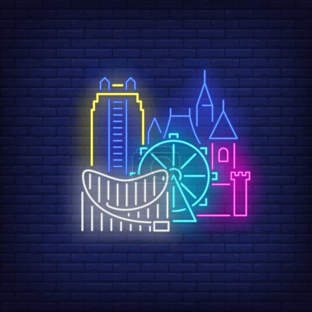 Illustration for Orlando city buildings and Disneyland neon sign. Sightseeing, tourism, travel design. Night bright neon sign, colorful billboard, light banner. Vector illustration in neon style. - Royalty Free Image