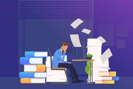 Illustration for Office man getting through paper work. Mess, paper piles, employer. Unorganized office work concept. Vector illustration for webpage, landing page - Royalty Free Image