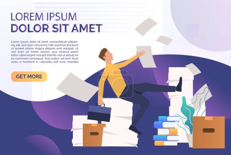 Illustration for Office man doing paper work landing template. Mess, paper piles, employer. Unorganized office work concept. Vector illustration for webpage, landing page - Royalty Free Image