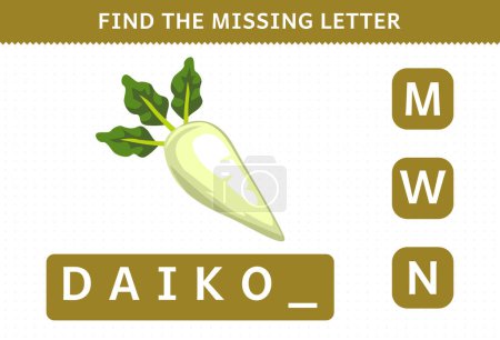 Ilustración de Education game for children find missing letter cute cartoon vegetable daikon worksheet - Imagen libre de derechos