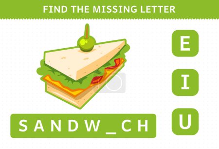 Ilustración de Education game for children find missing letter cartoon food snack sandwich worksheet - Imagen libre de derechos