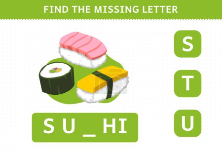 Ilustración de Education game for children find missing letter cartoon food sushi worksheet - Imagen libre de derechos