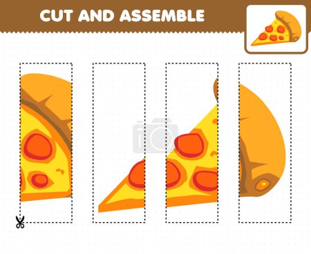 Illustration for Education game for children cutting practice and assemble puzzle with cartoon food pizza - Royalty Free Image