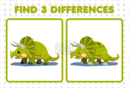 Illustration for Education game for children find three differences between two cute prehistoric dinosaur triceratops - Royalty Free Image
