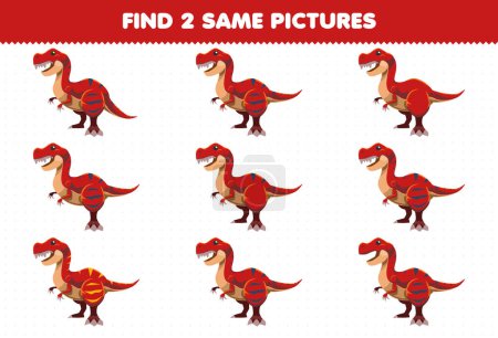Ilustración de Education game for children find two same pictures cute cartoon prehistoric dinosaur tyrannosaurus - Imagen libre de derechos