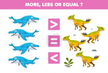 Illustration for Education game for children more less or equal count the amount of cute cartoon prehistoric dinosaur mosasaurus and leptoceratops - Royalty Free Image