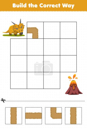 Ilustración de Education game for children build the correct way help cute prehistoric dinosaur xenoceratops move to volcano - Imagen libre de derechos