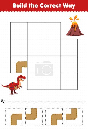 Ilustración de Education game for children build the correct way help cute prehistoric dinosaur tyrannosaurus move to volcano - Imagen libre de derechos