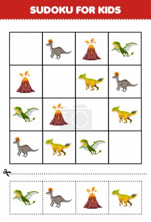 Illustration for Education game for children sudoku for kids with cute cartoon prehistoric dinosaur lambeosaurus dimorphodon volcano leptoceratops picture - Royalty Free Image