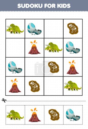 Ilustración de Education game for children sudoku for kids with cute cartoon prehistoric dinosaur triceratops egg volcano fossil picture - Imagen libre de derechos