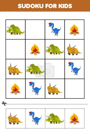 Illustration for Education game for children sudoku for kids with cute cartoon prehistoric dinosaur triceratops oviraptor xenoceratops fire picture - Royalty Free Image