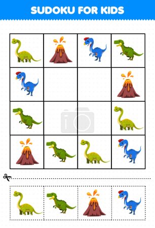 Illustration for Education game for children sudoku for kids with cute cartoon prehistoric dinosaur ultrasaurus volcano oviraptor yangchuanosaurus picture - Royalty Free Image