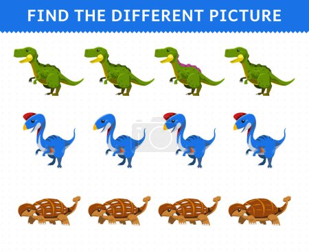 Illustration for Education game for children find the different picture in each row cartoon prehistoric dinosaur yangchuanosaurus oviraptor ankylosaurus - Royalty Free Image