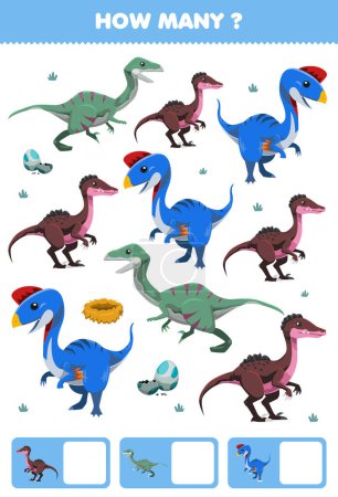 Illustration for Education game for children searching and counting activity for preschool how many cartoon prehistoric dinosaur oviraptor velociraptor troodon - Royalty Free Image