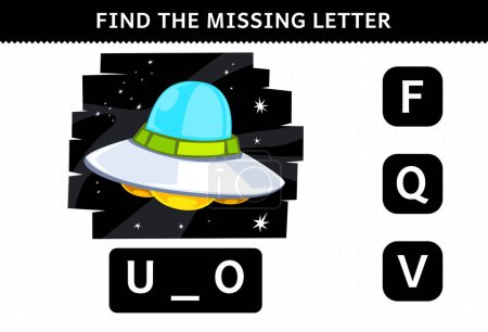 Ilustración de Education game for children find missing letter cute cartoon solar system ufo worksheet - Imagen libre de derechos