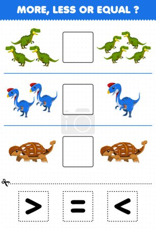 Illustration for Education game for children more less or equal count the amount of cartoon prehistoric dinosaur yangchuanosaurus oviraptor ankylosaurus then cut and glue cut the correct sign - Royalty Free Image