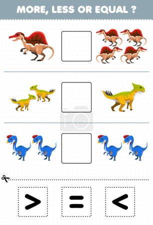Illustration for Education game for children more less or equal count the amount of cartoon prehistoric dinosaur spinosaurus leptoceratops oviraptor then cut and glue cut the correct sign - Royalty Free Image