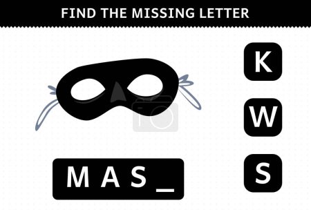 Ilustración de Education game for children find missing letter cartoon wearable clothes mask worksheet - Imagen libre de derechos