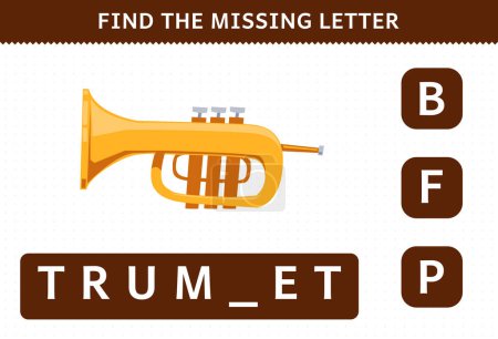 Ilustración de Education game for children find missing letter cartoon music instrument trumpet worksheet - Imagen libre de derechos