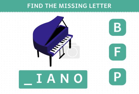 Ilustración de Education game for children find missing letter cartoon music instrument piano worksheet - Imagen libre de derechos