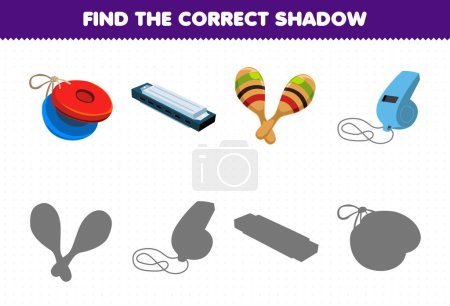 Ilustración de Education game for children find the correct shadow set of cartoon music instrument castanet harmonica maracas whistle - Imagen libre de derechos