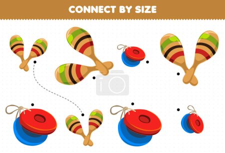 Ilustración de Educational game for kids connect by the size of cartoon music instrument castanet and maracas printable worksheet - Imagen libre de derechos