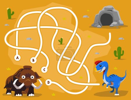 Illustration for Maze puzzle game for children with cute cartoon prehistoric dinosaur oviraptor mammoth and cave - Royalty Free Image