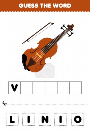 Illustration for Education game for children guess the word letters practicing cartoon music instrument violin printable worksheet - Royalty Free Image
