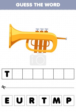 Illustration for Education game for children guess the word letters practicing cartoon music instrument trumpet printable worksheet - Royalty Free Image