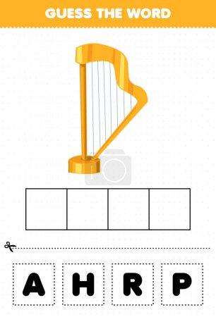 Illustration for Education game for children guess the word letters practicing cartoon music instrument harp printable worksheet - Royalty Free Image
