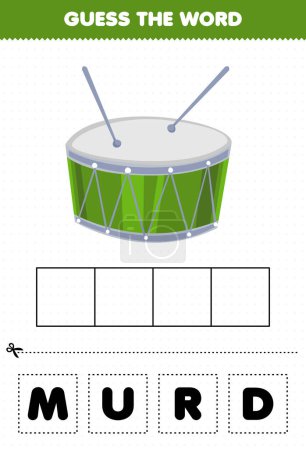 Illustration for Education game for children guess the word letters practicing cartoon music instrument drum printable worksheet - Royalty Free Image